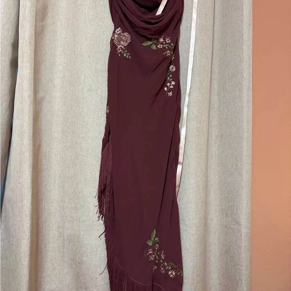 House of CB Burgundy Asymmetrical Dress with Floral Design-Eloisa - Picture 3 of 5